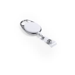 A retractable badge reel in white with a chrome finish, featuring a clear attachment clip.