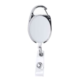 A white badge reel with a silver clip and retractable cord, featuring a plain design with branding.
