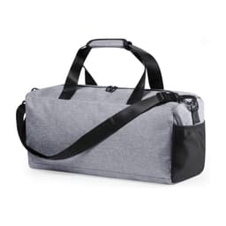 A grey duffel bag with black straps and a mesh side pocket, featuring a logo.