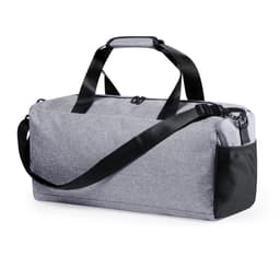 A grey duffle bag with a shoulder strap and a mesh pocket, featuring branding.