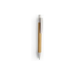 A wooden pen with a bamboo body and a white clip and tip, featuring a smooth, minimalist design.