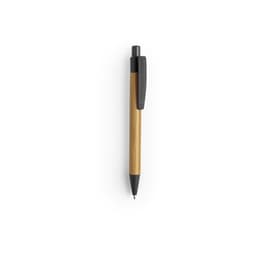 A wooden pen designed with a bamboo body and a black click mechanism, featuring a logo on the side.