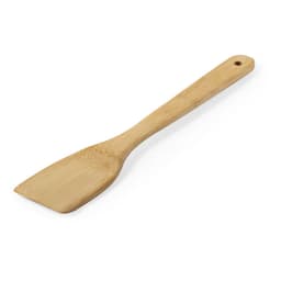 A bamboo spatula with a flat head and wooden handle, featuring a hole for hanging.