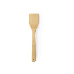 A bamboo spatula with a flat, wide head and a long handle, featuring a hole for hanging.