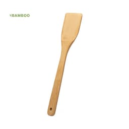 A bamboo spatula with a long handle and flat, rectangular head, designed for kitchen use.