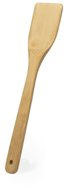 A bamboo spatula with a long handle and a flat, rectangular head. It has a circular hole for hanging.
