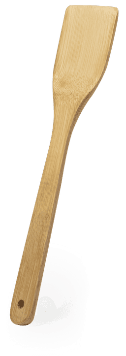 A bamboo spatula with a flat head and a long handle, featuring a hole for hanging.