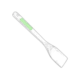 A wooden spatula with a green silicone grip, designed for cooking and serving. Features a logo on the handle.