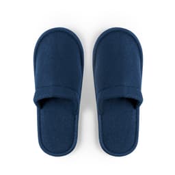 A pair of navy blue slippers with a soft, plush design and an open toe. They feature a simple, unbranded look.