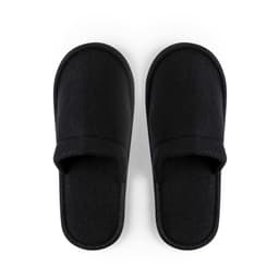 Black slippers with a simple design, featuring a soft upper and open toe. The product includes a logo.
