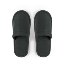 A pair of black slippers with a soft fabric upper and open toe design, featuring a textured sole and branding.
