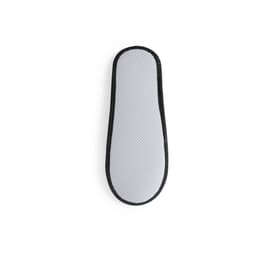 A white footwear sole with a textured surface and black edging, featuring a branding logo.
