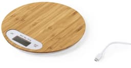 A round bamboo weighing scale with a digital display, accompanied by a USB charging cable.