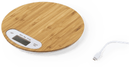 A round bamboo weighing scale with a digital display and a measuring cup. It features a sleek, natural wood design.