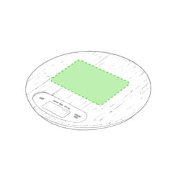 A round, white digital weighing scale with a rectangular green measuring area and buttons on the front.