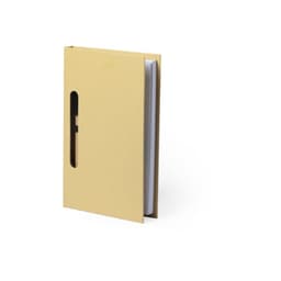 A tan notebook with a cut-out section for a pen, featuring several blank pages inside.