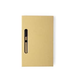 A beige notebook with a sleek design and a black pen inserted into its side, featuring a logo.
