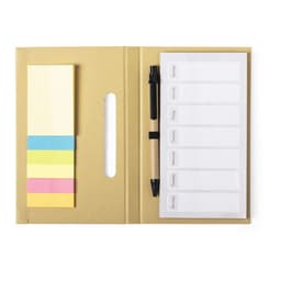 A brown notebook featuring sticky notes in yellow, pink, and blue, alongside a black pen and a storage pocket for cards.