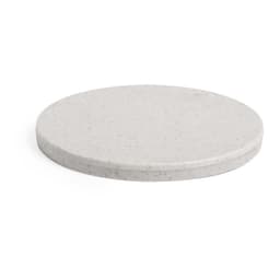 A round white marble platter with a smooth surface and subtle speckling, featuring a minimalist design.