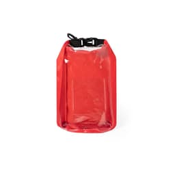 A red Kambax dry bag with a transparent front and a black strap, featuring a logo.