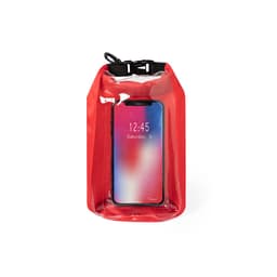 A red dry bag featuring a transparent front, containing a smartphone with a visible screen. The bag has a securing strap.