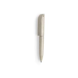 A light grey mini pen with a unique shape and a clip, featuring a logo on the side.