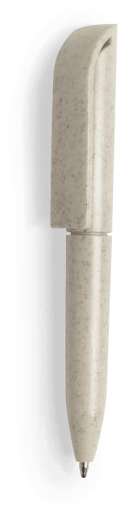 A grey pen with a unique design and a logo. The pen has a smooth finish and is compact in size.