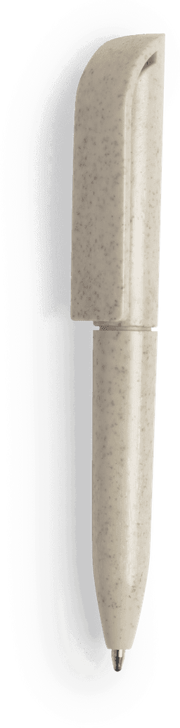 A grey pen with a curved cap and a subtle speckled design. It includes branding on the body.