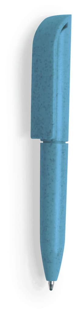 A turquoise pen with a unique cap design, featuring a branding logo on its body.