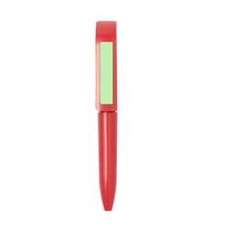 A red pen with a green section and a logo on its body. The design is sleek and minimalistic.