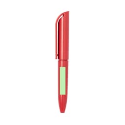 A red pen with a clip and a green accent, featuring a logo on the body.