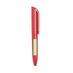 A red pen with a green accent and a clip, featuring a logo on the body.