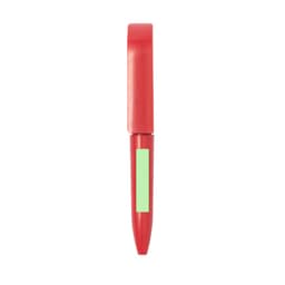 A red pen with a green section, featuring a logo on its body.