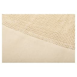 A beige tote bag with a textured, netted design and a smooth fabric section at the base, featuring a logo.