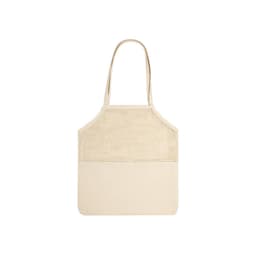 A neutral-coloured tote bag featuring a mesh top and solid bottom portion, with shoulder straps and a logo.