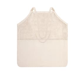 A beige tote bag with a mesh upper and solid lower section, featuring two shoulder straps and a logo.