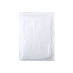 A white poncho product packaged in a clear plastic bag, featuring a logo on the exterior.