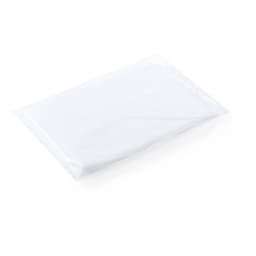 A white poncho packaged in plastic, featuring a logo. The item is folded flat.