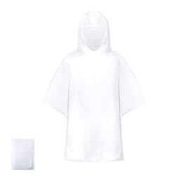 A white poncho with a hood, featuring a logo, accompanied by a compact folded version.