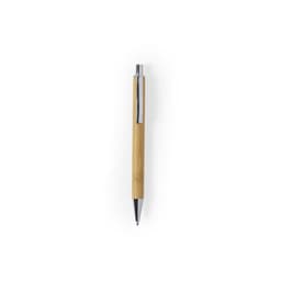 A wooden pen with a bamboo body and silver accents, featuring a logo on the side.
