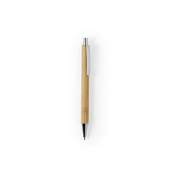 A wooden pen with a bamboo barrel and a silver clip, featuring a black ballpoint tip.
