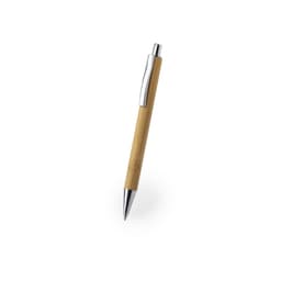A wooden pen with a sleek bamboo body and a chrome clip, featuring a modern design.