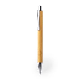 A wooden pen in a natural finish with a chrome clip and tip, featuring a sleek design.