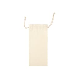 A cream-coloured drawstring bag with a simple design and a small logo at the top.