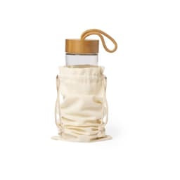 A glass drink bottle with a bamboo lid, encased in a cream-coloured fabric pouch with drawstrings.