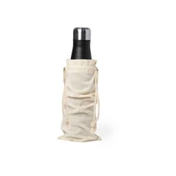 A black drink bottle enclosed in a cream-coloured fabric bag with drawstring. The bag has a simple design and logo.