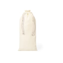 A cream-coloured drawstring bag with a rope closure, featuring a logo.