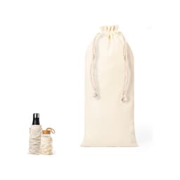 A cream drawstring bag with two smaller pouches, one holding a drink bottle and the other a wooden item.