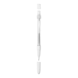 A transparent pen with a white grip and cap, featuring a simple design and a visible ink cartridge.