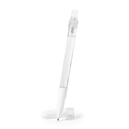 A transparent pen with a white grip and cap, featuring a branding logo on the barrel.
